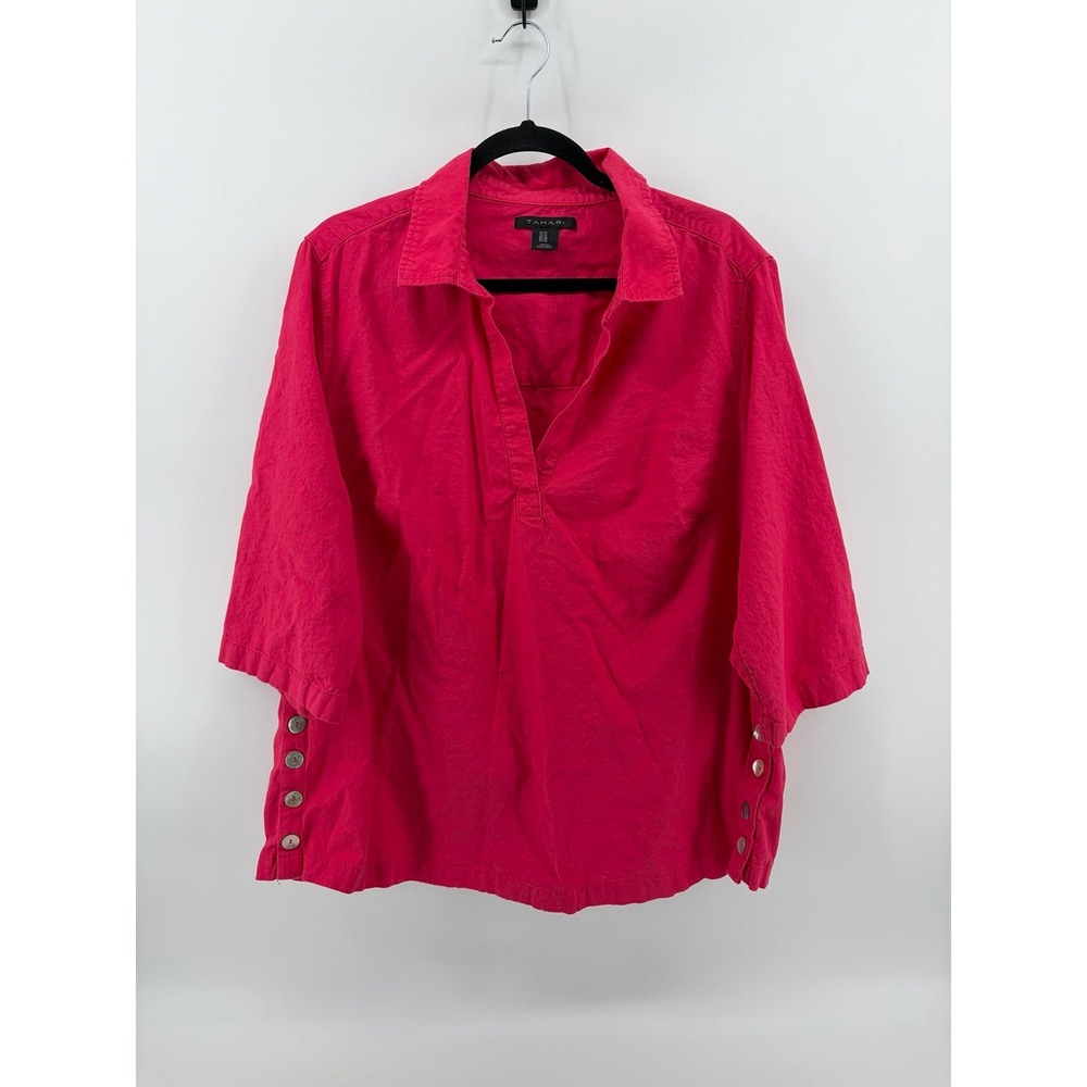 Tahari, Womens Hot Pink, 100% Linen Split Neck Tunic Top, Side Button, Size 1X